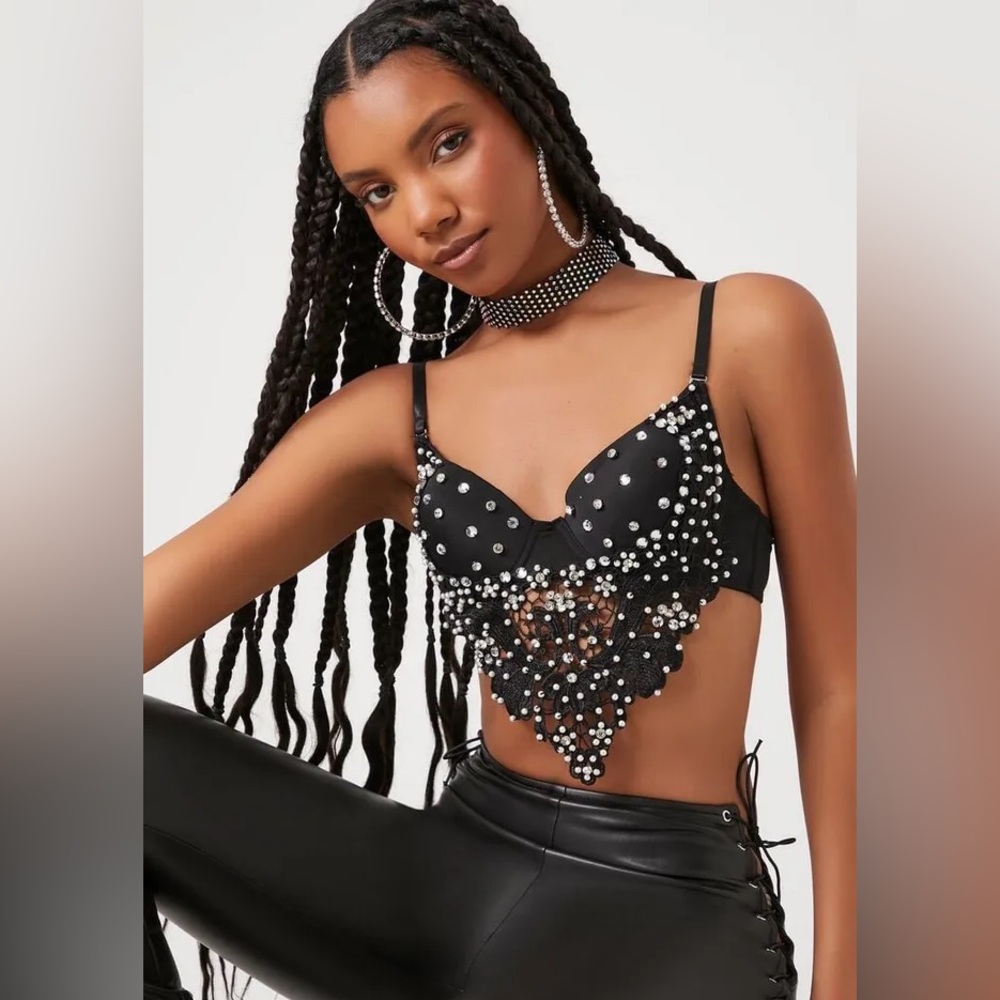 Forever 21 Women’s Faux Gem & Pearl Bustier Cami in Black